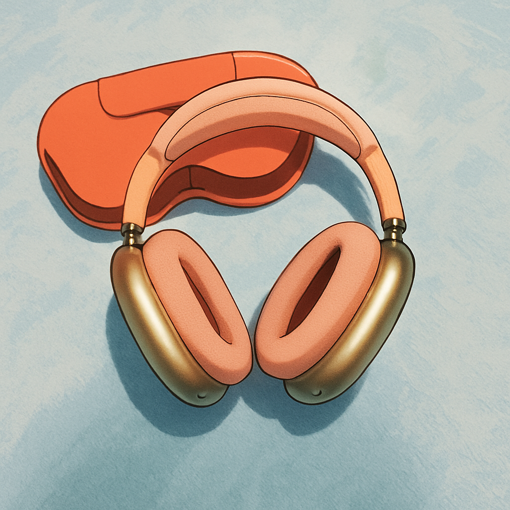 イラスト化したAirPods Maxの画像。明るい色のオーバーイヤーヘッドホンが柔らかな青い表面に置かれています。