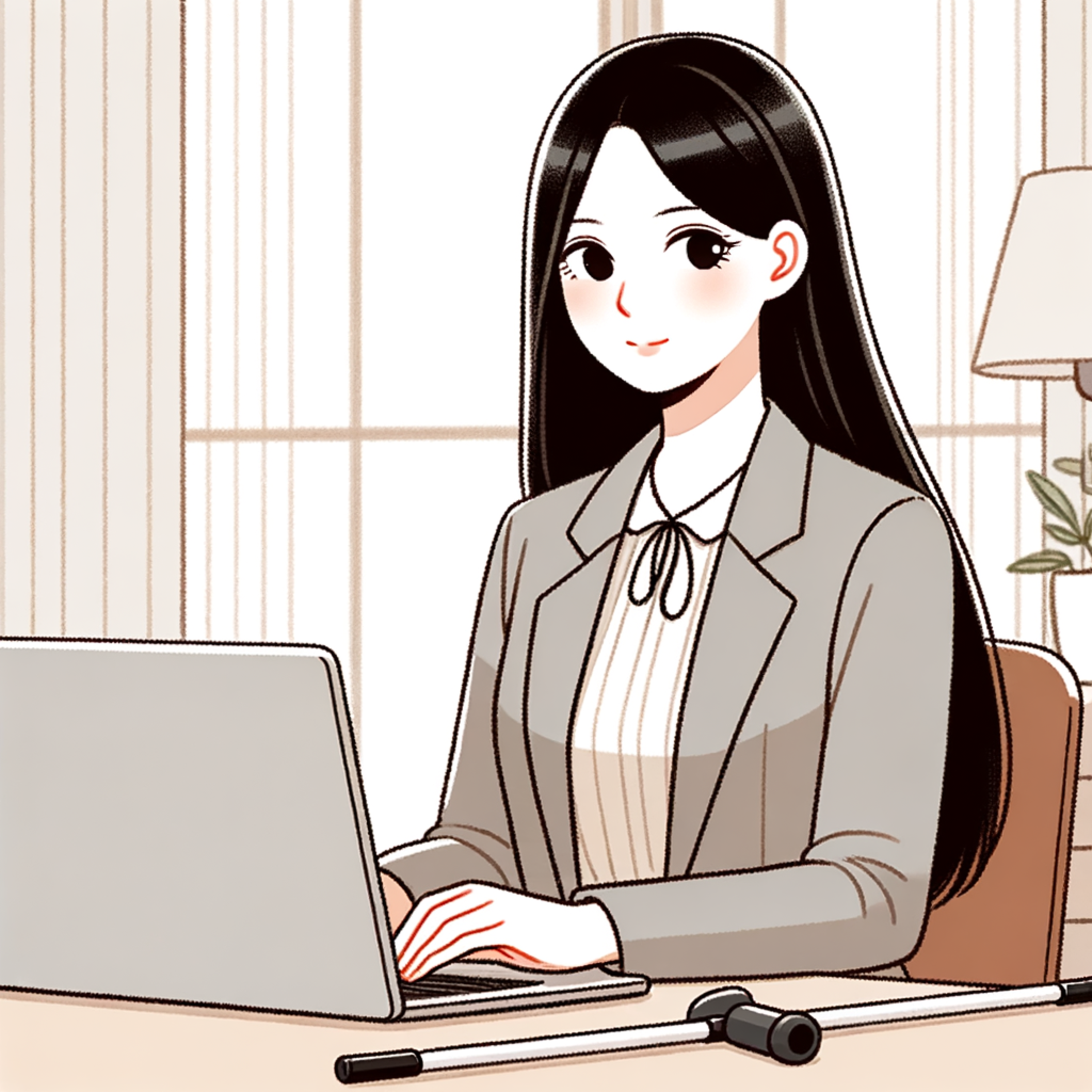 LUCAがリリースしたアルバムのジャケット。黒髪ロングの女性が白杖の立てかけられたデスクに着き、ノートパソコンを操作しているイラストです。