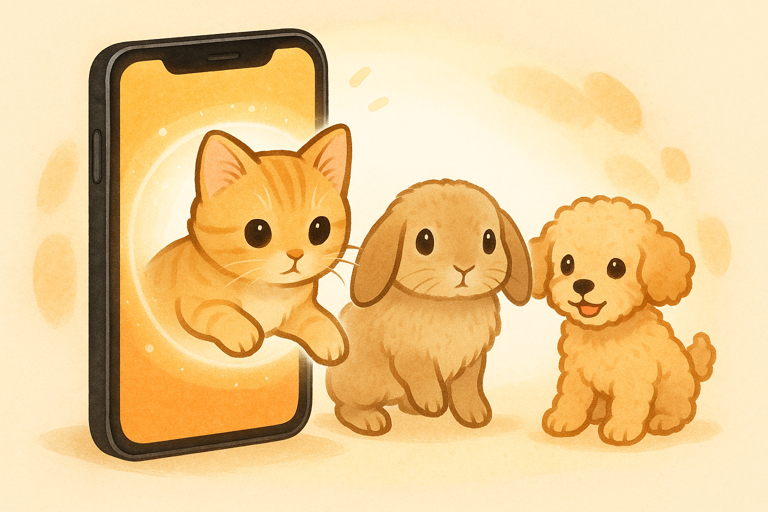 オレンジ色に光っている黒いスマートホンの画面から茶トラ猫が前足と頭を飛び出させているイラスト。スマートホンの隣ではたれ耳のうさぎとトイプードルのような犬が座っていて、その様子を見ています。