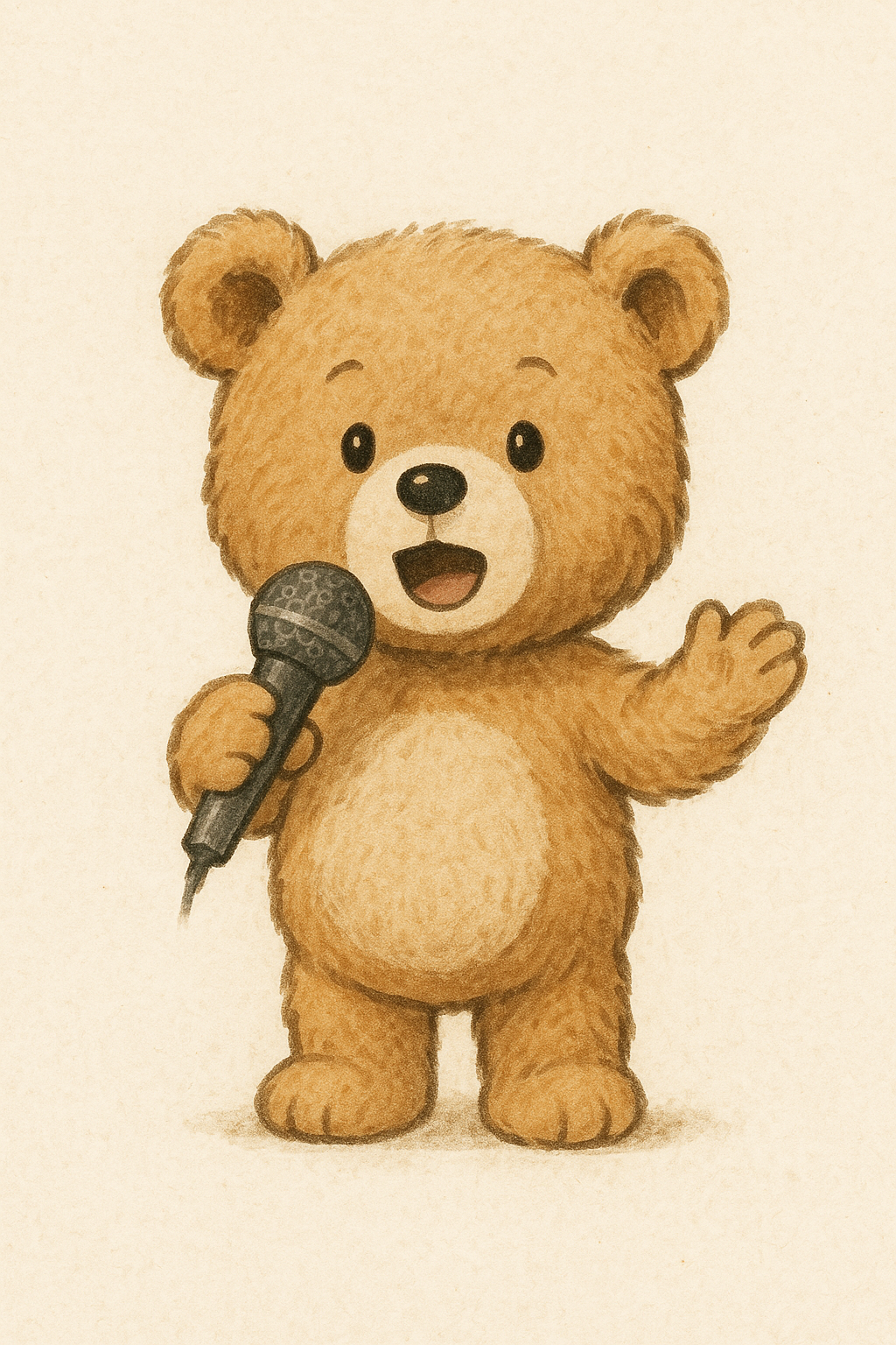 マイクを持って話している様子のテディベアのイラスト。