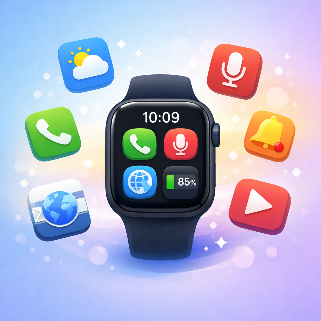 スマートウォッチの周りに様々なアイコンが浮かび上がっているイラスト。時刻と複数のコンプリケーションが表示された黒いスマートウォッチの周りには、天気予報のアイコン、メールのアイコン、再生マーク等が描かれています。