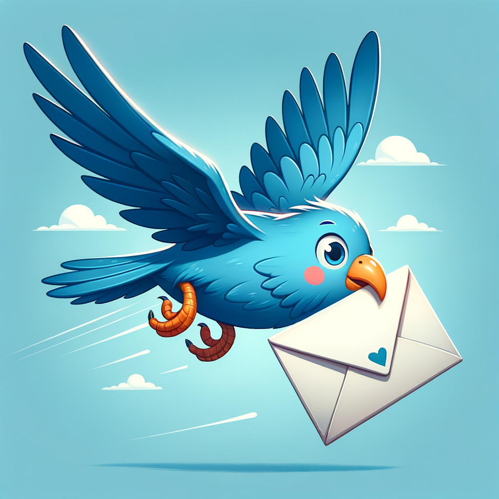 ラブレターを嘴で咥えて飛んでいる青い鳥のイラスト。