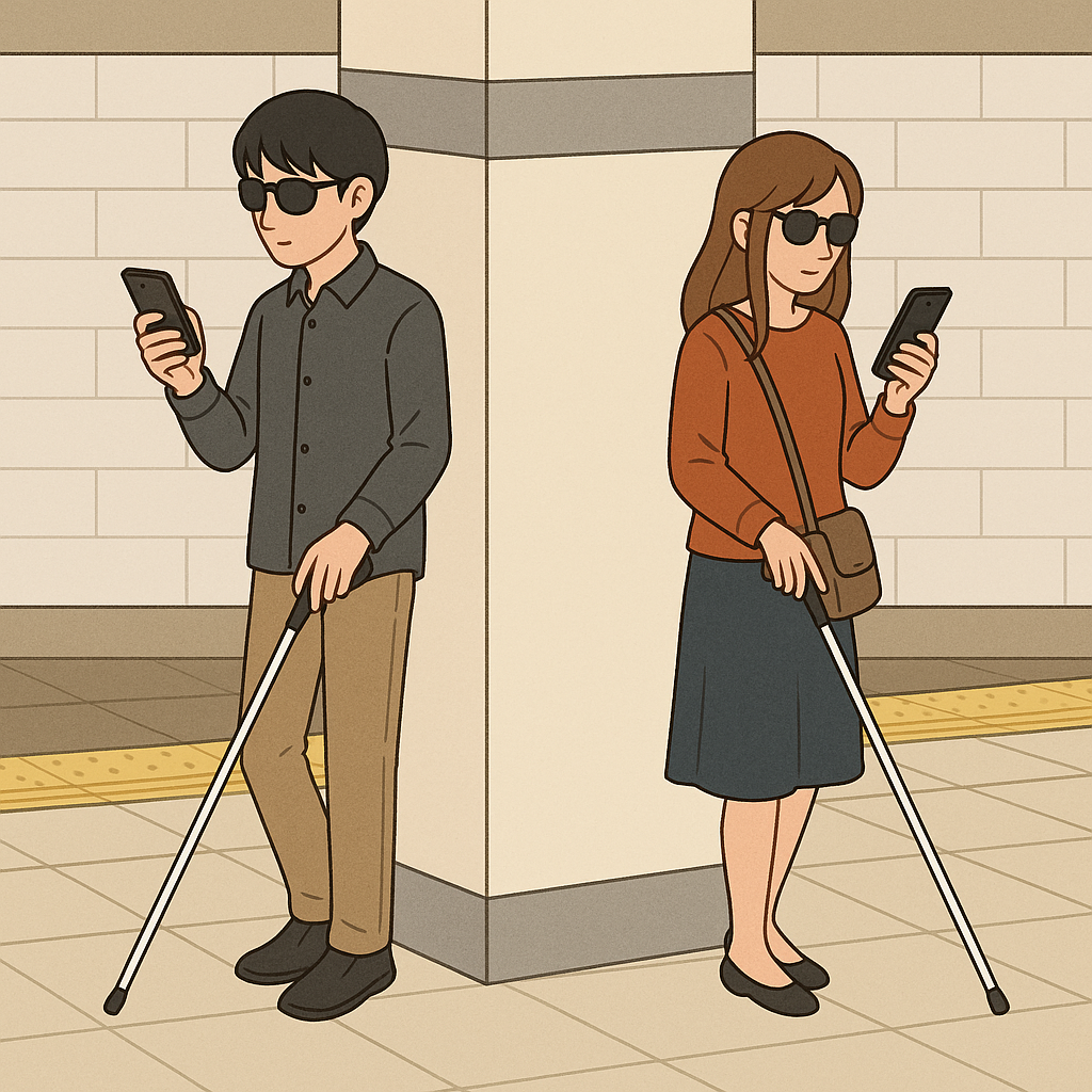 駅で待ち合わせている黒髪の男性・茶髪の女性、2人の視覚障害者を描いたイラスト。2人はそれぞれ白杖を突きスマホを操作していますが、共に同じ柱を背にして互いの存在に気づけていない様子です。