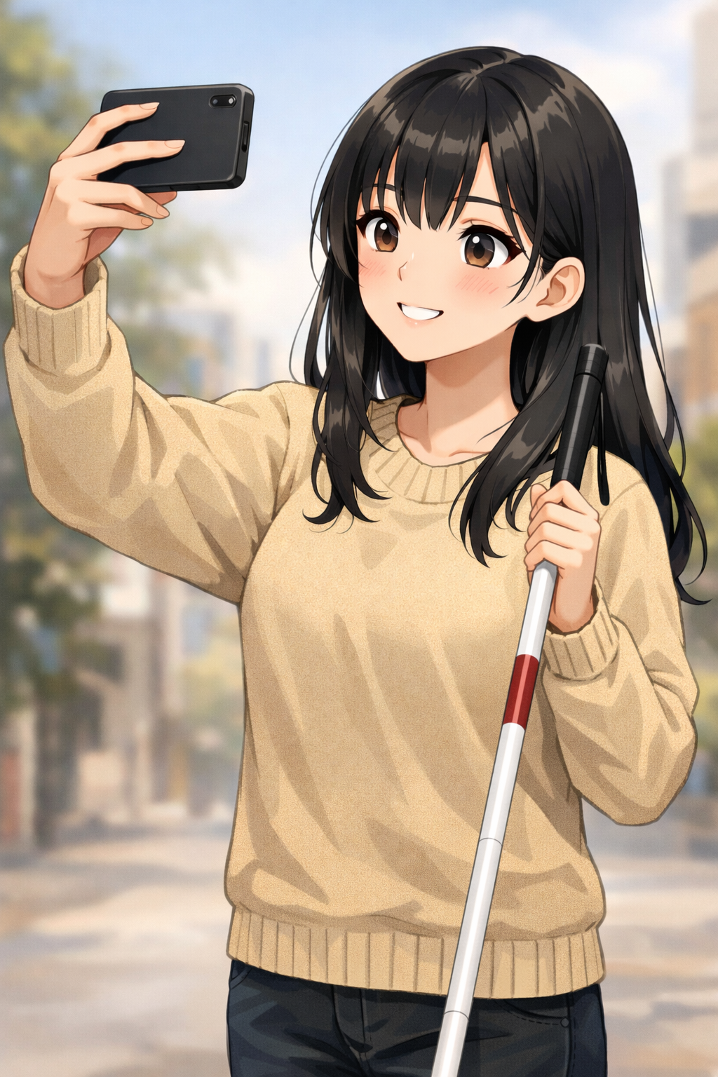 片手に白杖を持った黒髪の女性がスマホで自撮りをしようとしている様子を描いたイラスト。