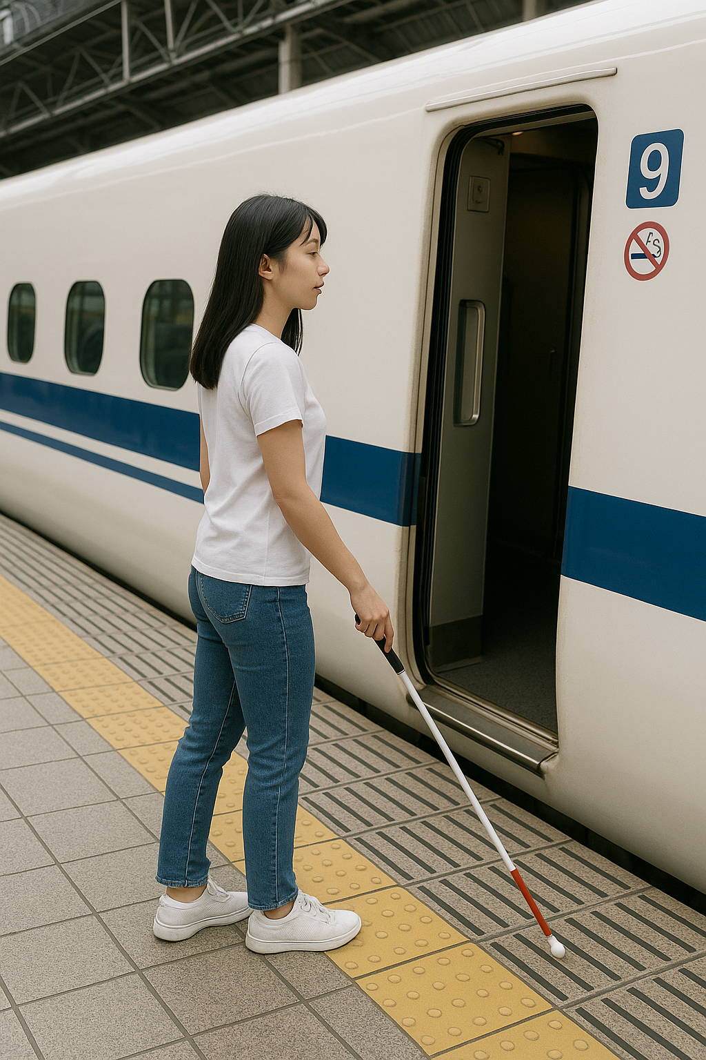 駅のホームで白杖を突いた女性が新幹線のドアの前に立っているリアルなイラスト。