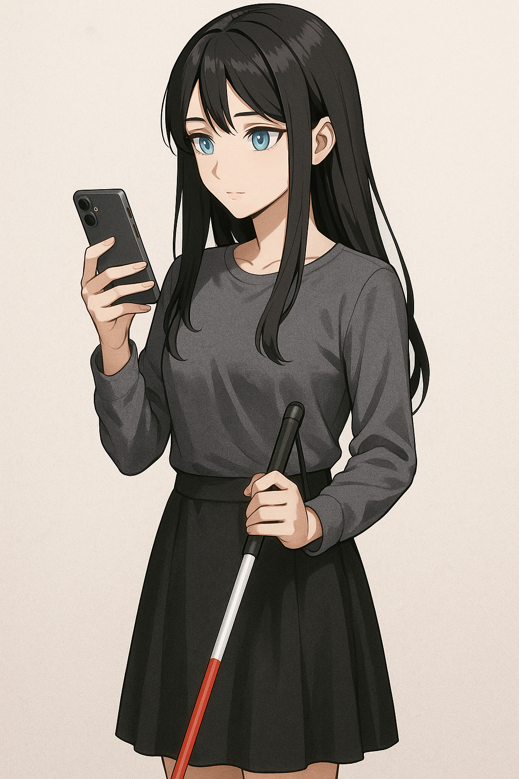 グレーの長袖シャツと黒いスカートを身に着けた、黒髪碧眼の女性が白杖を片手にスマートホンを操作しているイラスト。