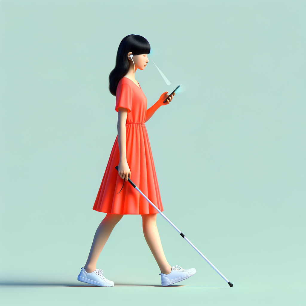 左手にスマホ・右手に白杖を持って歩いている細身の女性の、リアルなイラスト。女性は黒髪黒目、オレンジ色のワンピース、白いスニーカー、完全ワイヤレスイヤホンを身につけています。