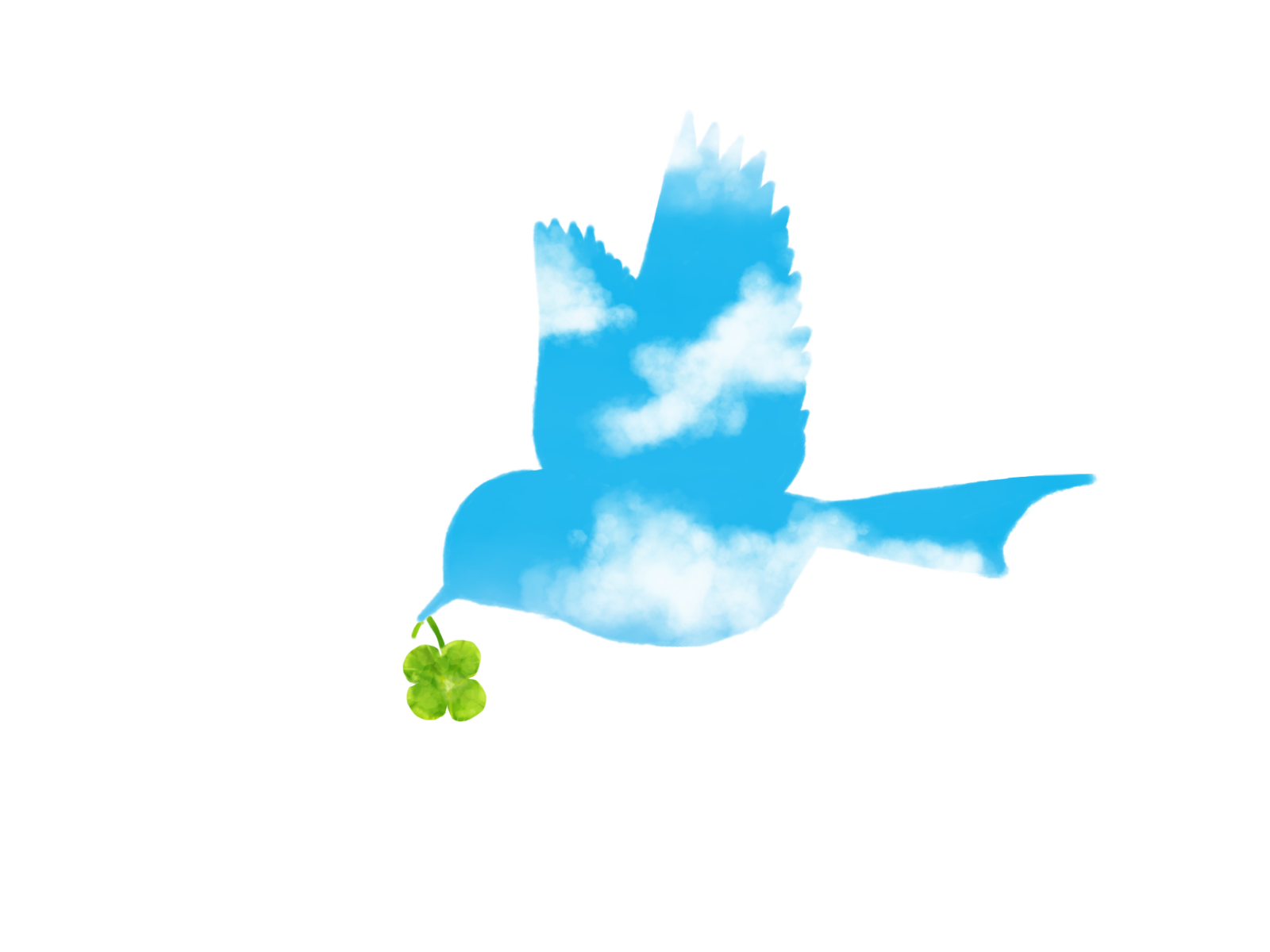 うっすらと雲のような模様が入った青い鳥のイラスト。くちばしでクローバーを咥えながら飛んでいます。