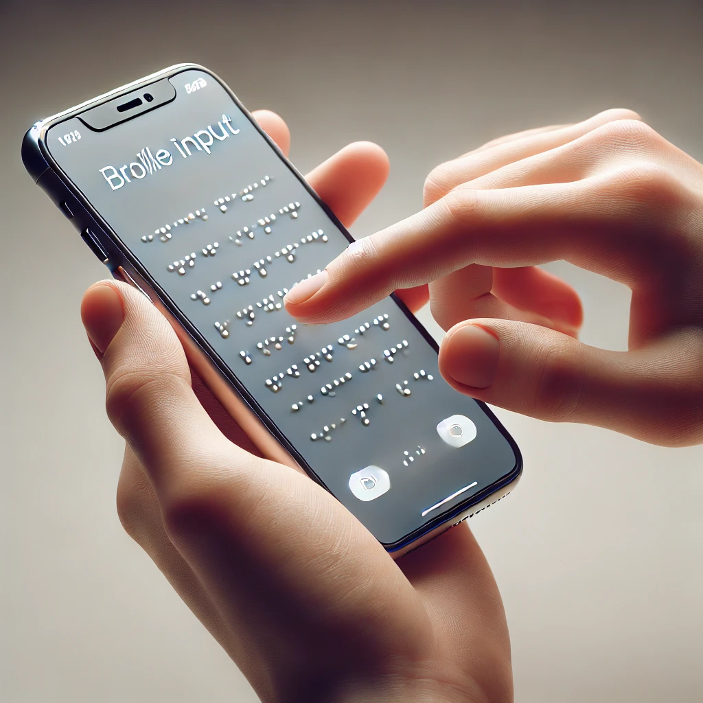 「Braille input」と書かれ、点字の浮き出ているスマートホンを操作している両手のイラスト。