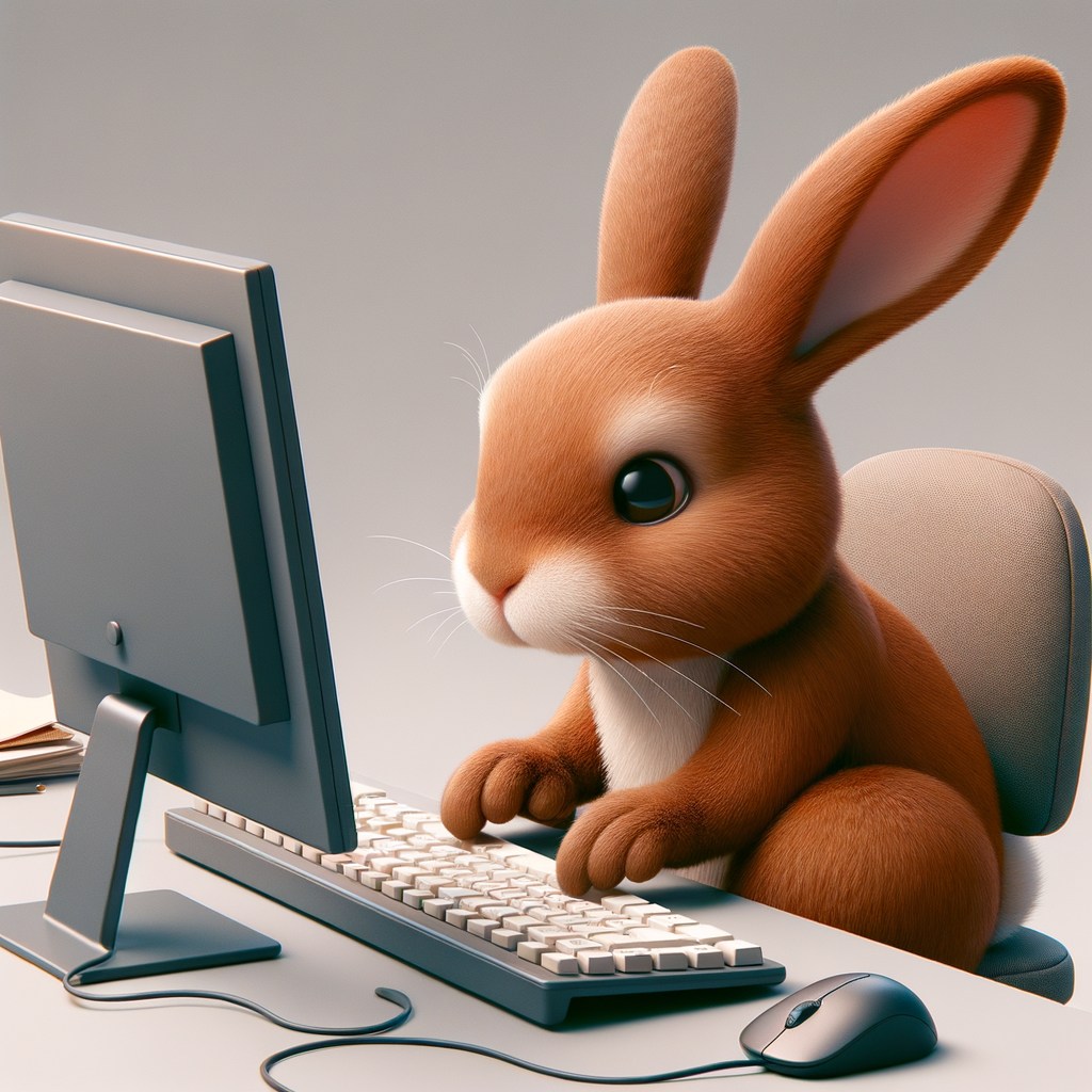 デスクトップPCのキーボードを打っている茶色いうさぎのイラスト。