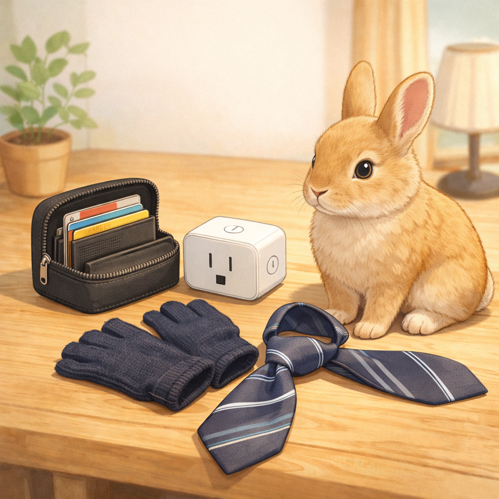 テーブルに置かれたカードケース、スマートプラグ、手袋などのアイテムを隣から見ている茶色いうさぎのイラスト。