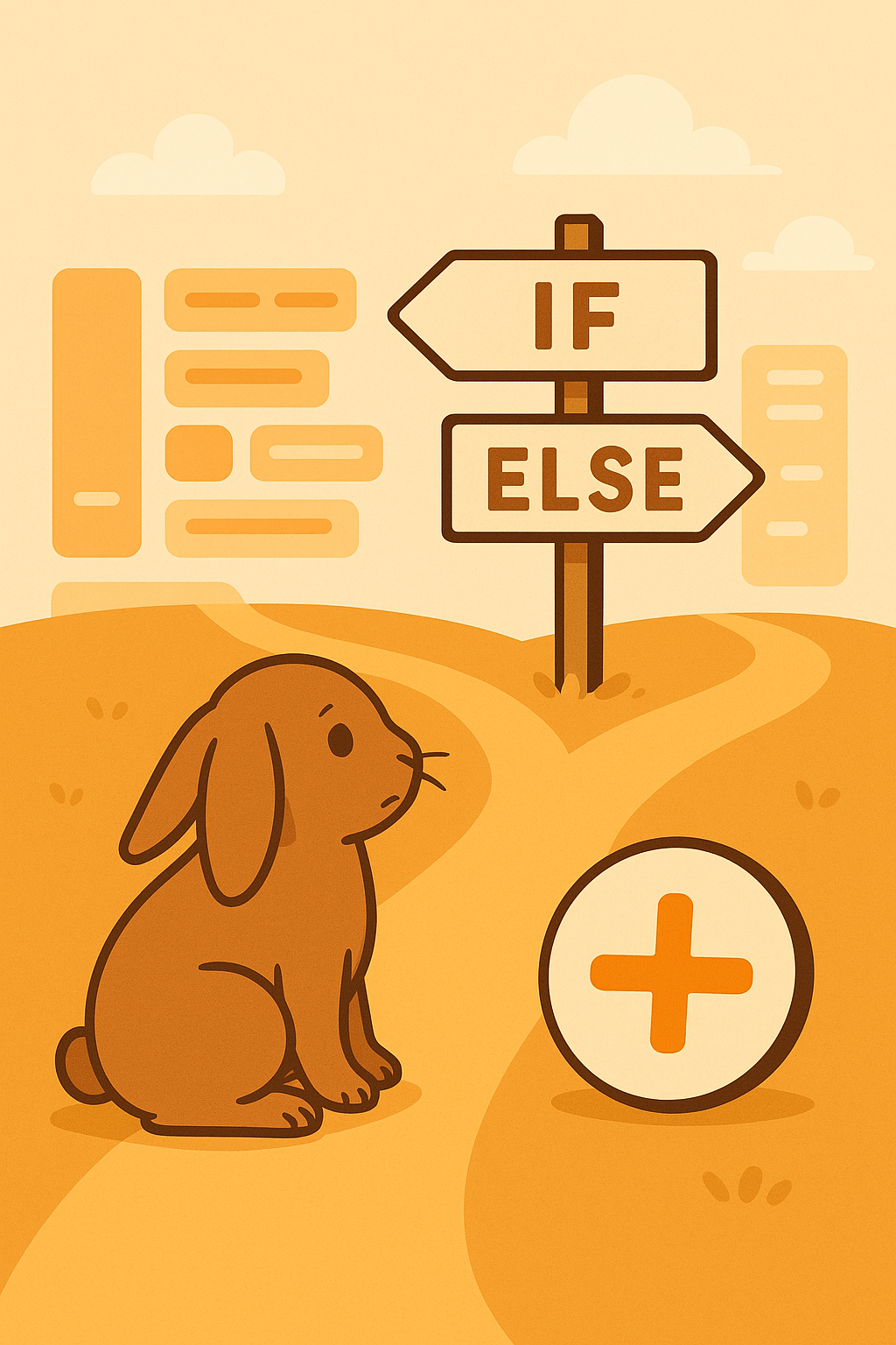 プログラミングの条件分岐をテーマにしたイラスト。画面中央には、道が二手に分かれており、分岐点には「IF」「ELSE」と書かれた標識が立っています。道のそばには茶色のウサギが座っており、道を選ぶかどうか迷っているようです。