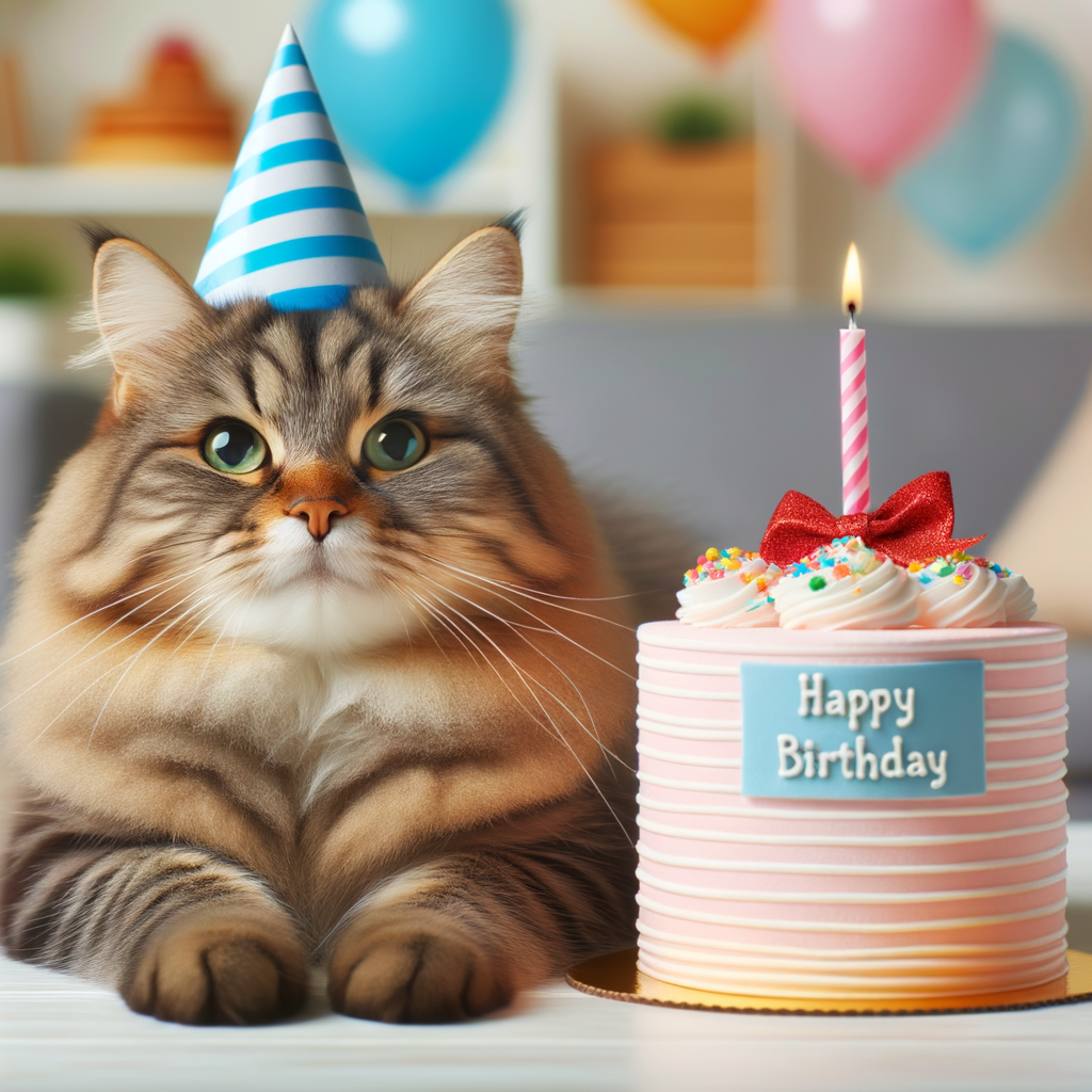 パーティハットを被って座っている虎猫の隣に置かれた誕生日ケーキのイラスト