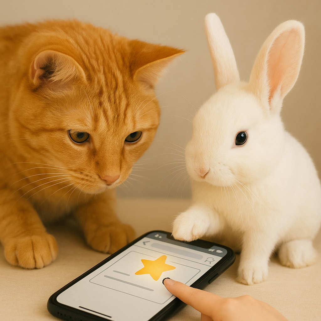 検索バーと星のアイコンが表示されたスマートホンの画面を操作している人の指と、隣から覗き込んでいる茶トラ猫・白兎のAI写真