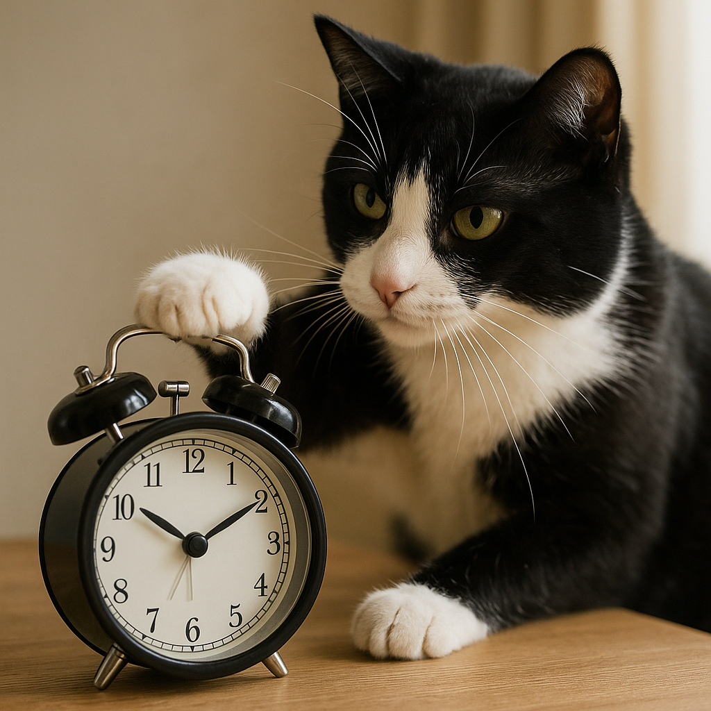 八割れ猫がテーブルに置かれた目覚まし時計を前足で止めている、リアルなイラスト。