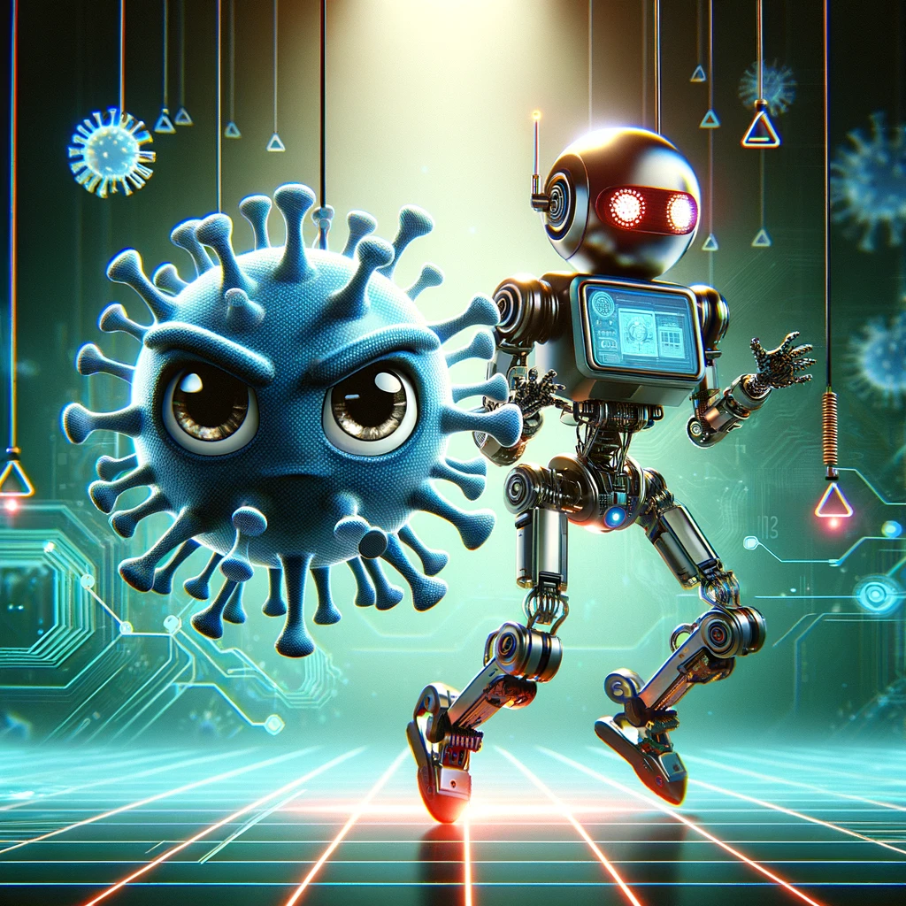 ギザギザのウイルスを追いかける、胸元がスクリーンになっているセキュリティロボットのイラスト