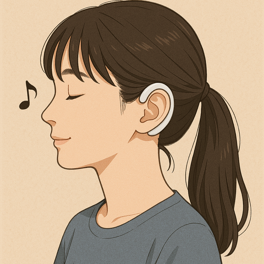 白いオープンイヤー型イヤホンを付け、目を閉じて音楽を聴いている様子の女性を描いたイラスト。ダークブラウンの髪はポニーテールに結ばれていて、耳の周りにはいくつかの音符が飛んでいます。