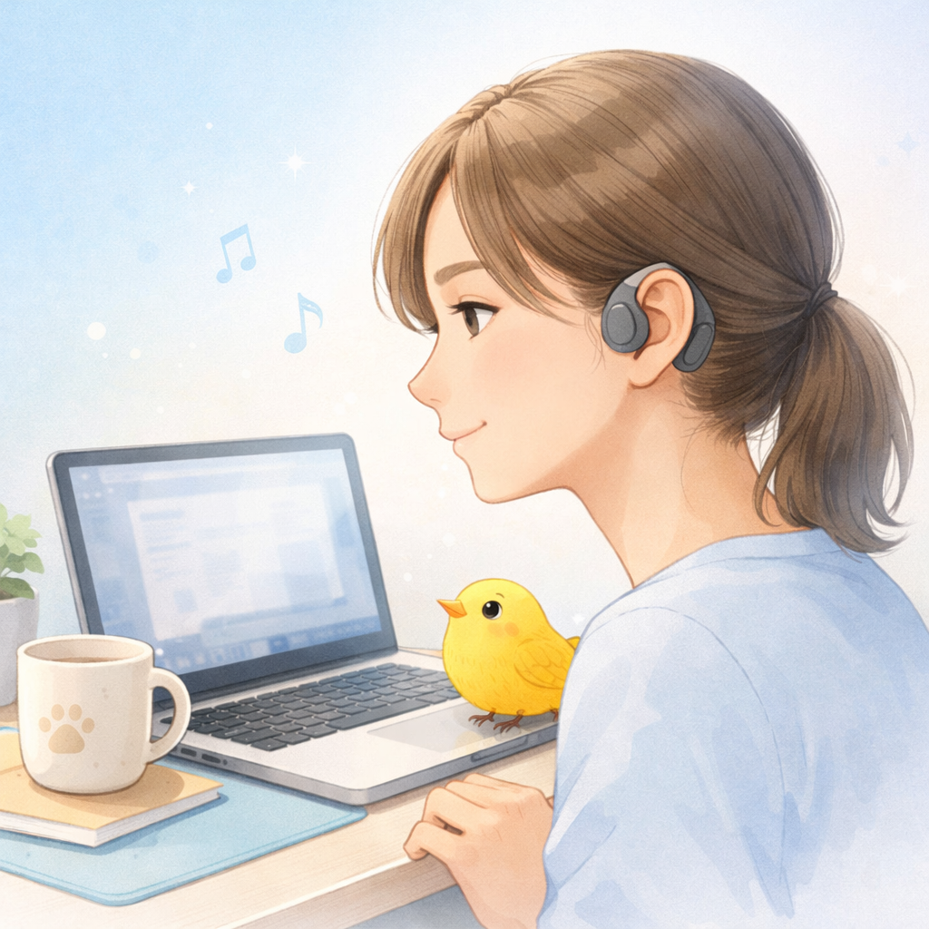 イヤホンを装着した茶髪の女性がPCに向かっている様子を描いたイラスト。PCのキーボードの上には黄色い小鳥がちょこんと乗っていて、PCの上には音符が浮かんでいます。