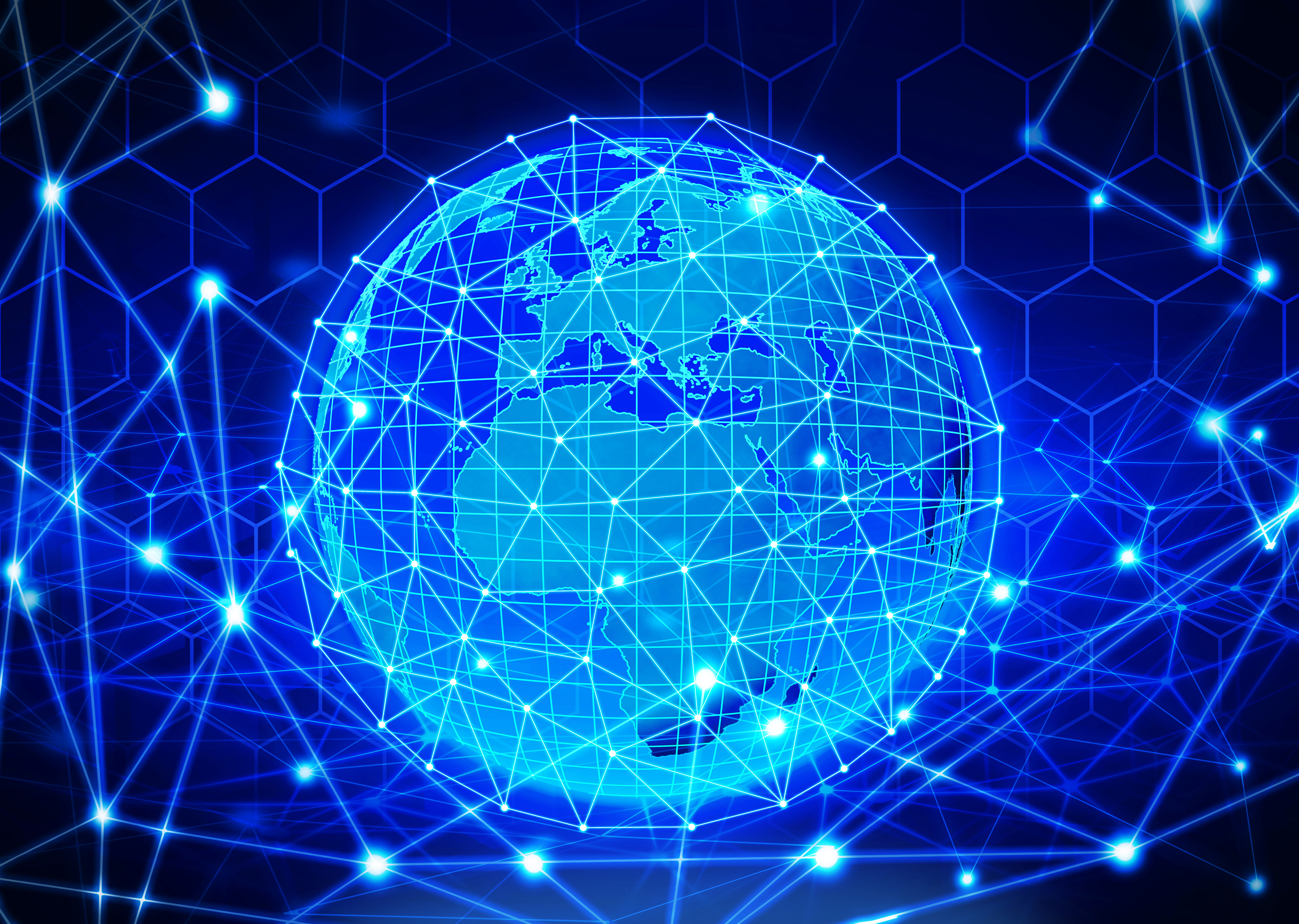 地球儀の周りを、ネットワークをイメージした無数の星座が取り囲んでいるイラスト