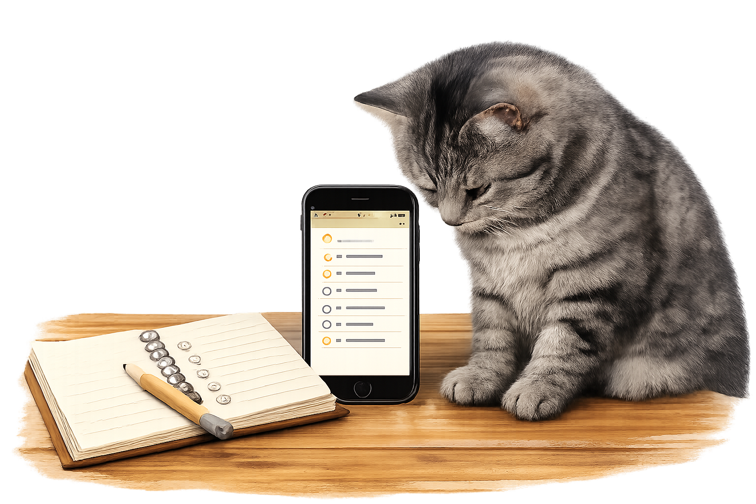 木製のテーブルの上に置かれたメモ帳とiPhoneを、隣に座ったサバトラ猫が興味深そうに見ているイラスト。