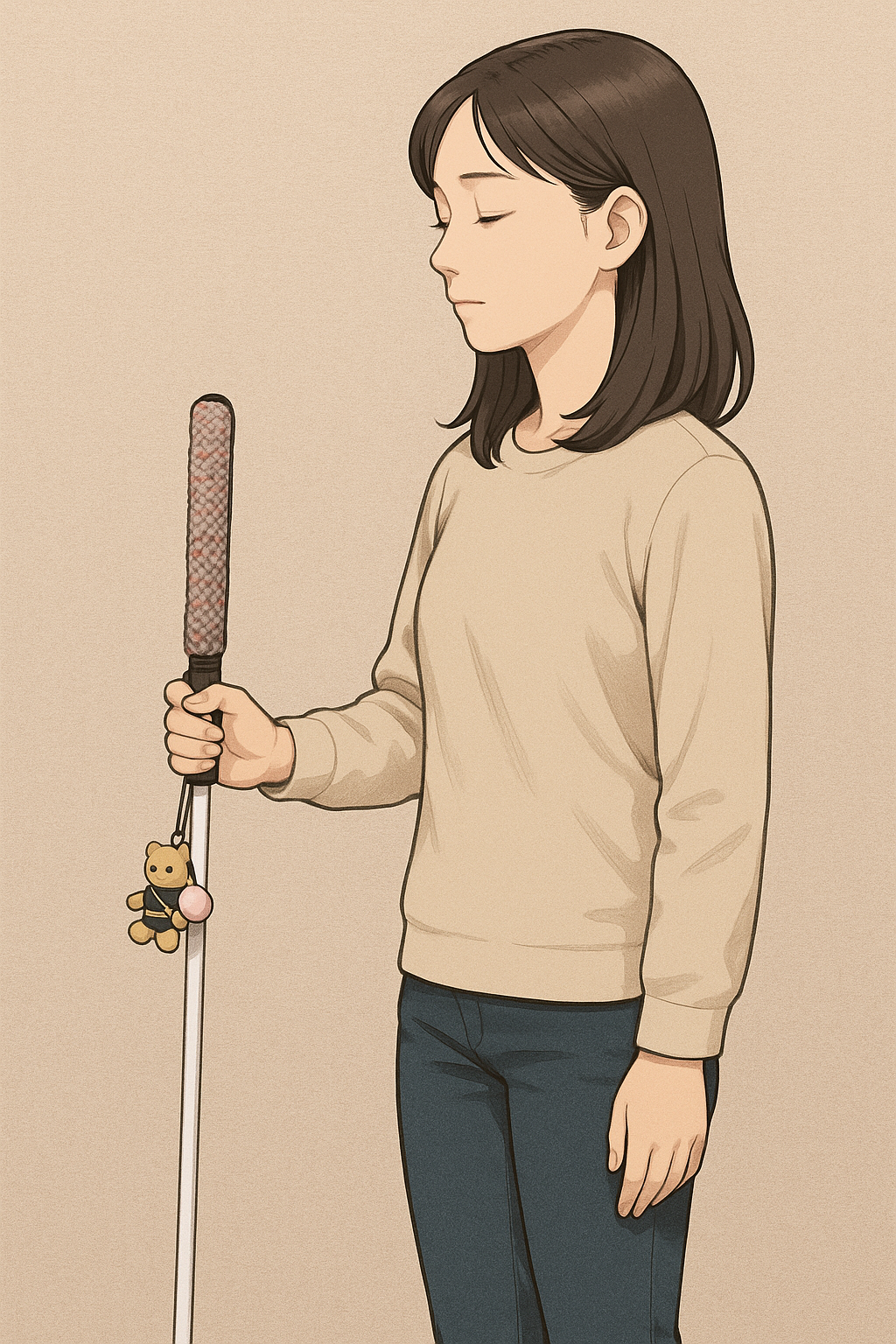 赤系の糸で編まれたカバーと熊のストラップが装着された白杖を、片手で突いている女性のイラスト。女性は穏やかな表情で目を閉じていて、ダークブラウンの髪を方まで伸ばしています。