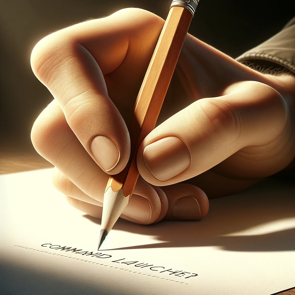 鉛筆をもっている手のクロースアップイラスト。紙には「Command Launcher」と書かれています。