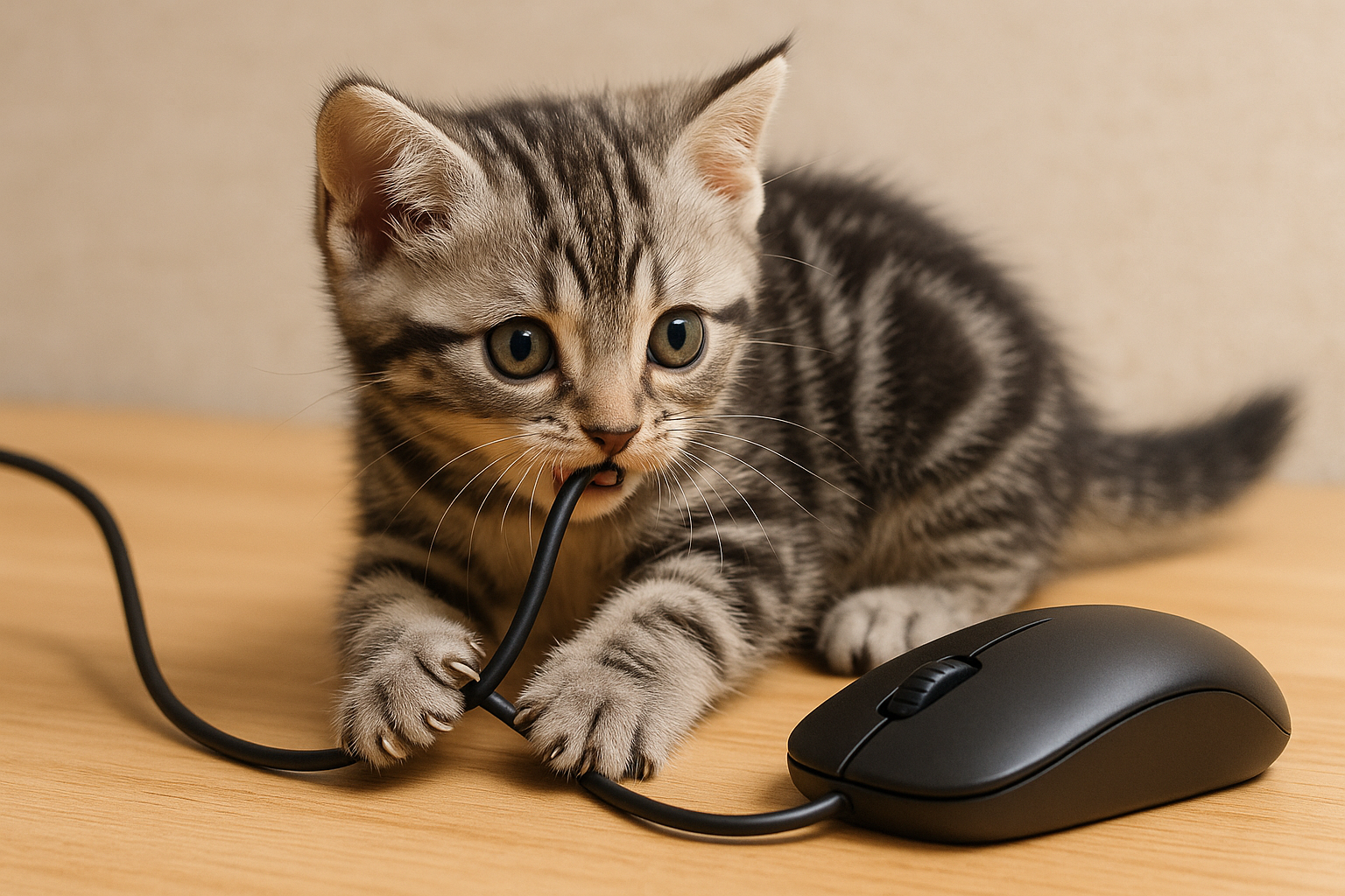 マウスのケーブルにかみつき、じゃれついているアメショの子猫を描いたAI写真。