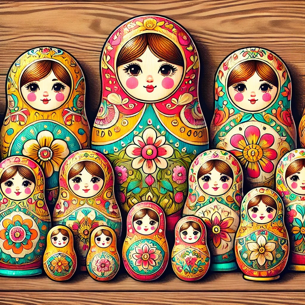 木製のテーブルの上に並べられた、2体の色鮮やかなマトリョーシカ人形のイラスト