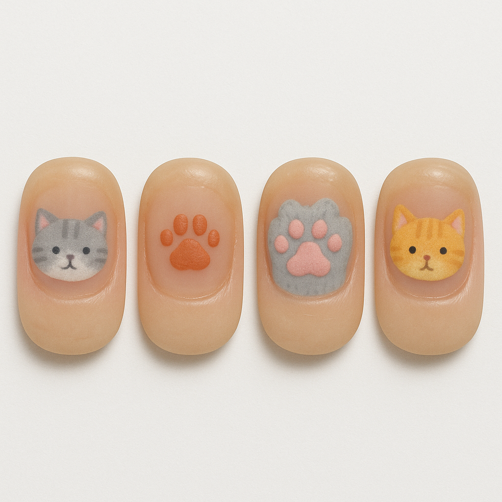 猫のネイルシールを使ったパターン。左手の薬指に茶トラ猫の顔、左小指に茶猫の肉球、右薬指にサバトラ猫の顔、右小指に灰色猫の肉球という組み合わせで使用していました。クリック/タップすると画像が切り替わります。
