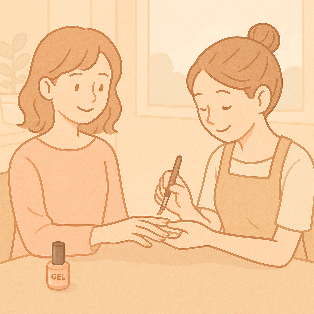 オレンジ色のシャツを着たショートヘアの女性が、ネイルサロンで施術を受けている様子を描いたイラスト。ネイリストは髪をまとめてエプロンを身に着けており、テーブル上にはジェルネイルのボトルが置いてあります。