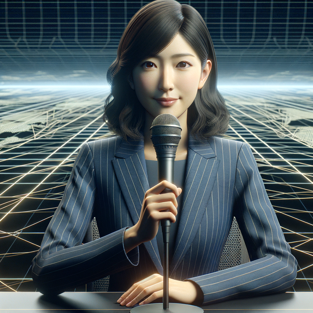 バーチャル空間のような背景の前、デスクにつきマイクを持っているニュースキャスター風の女性のイラスト。