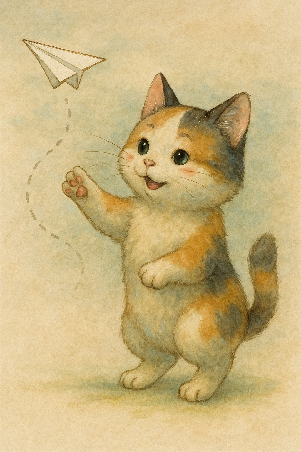 紙飛行機を飛ばしている三毛猫のキャラクターを描いたイラスト。