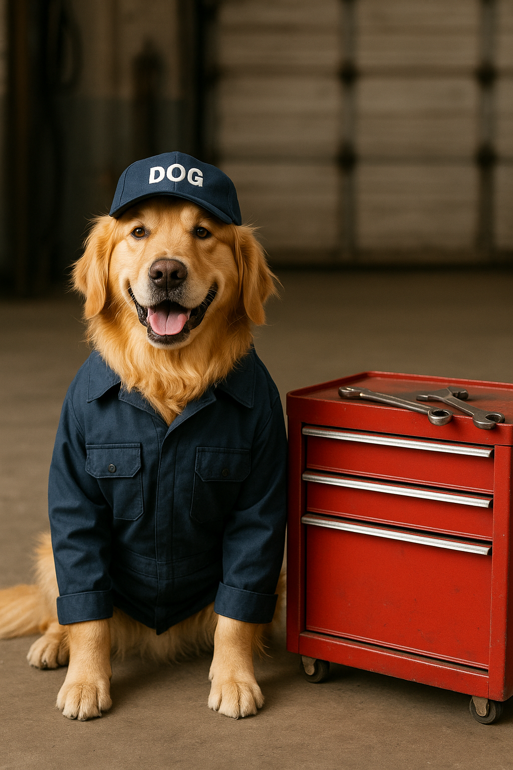 整備士の帽子と服を身に着けたゴールデンの子犬が、工具箱の隣に座っているリアルなイラスト。