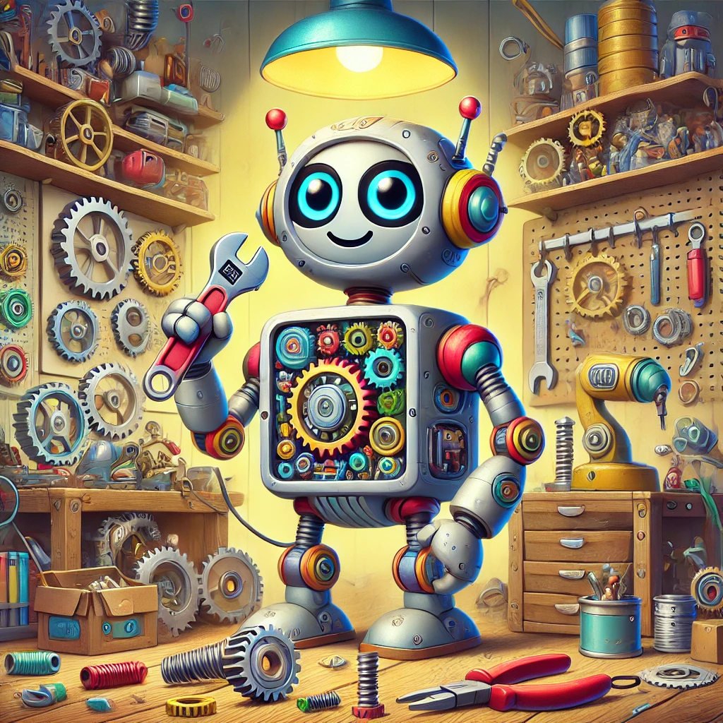 手に工具を持って機械の組み立てをしているロボットのイラスト。