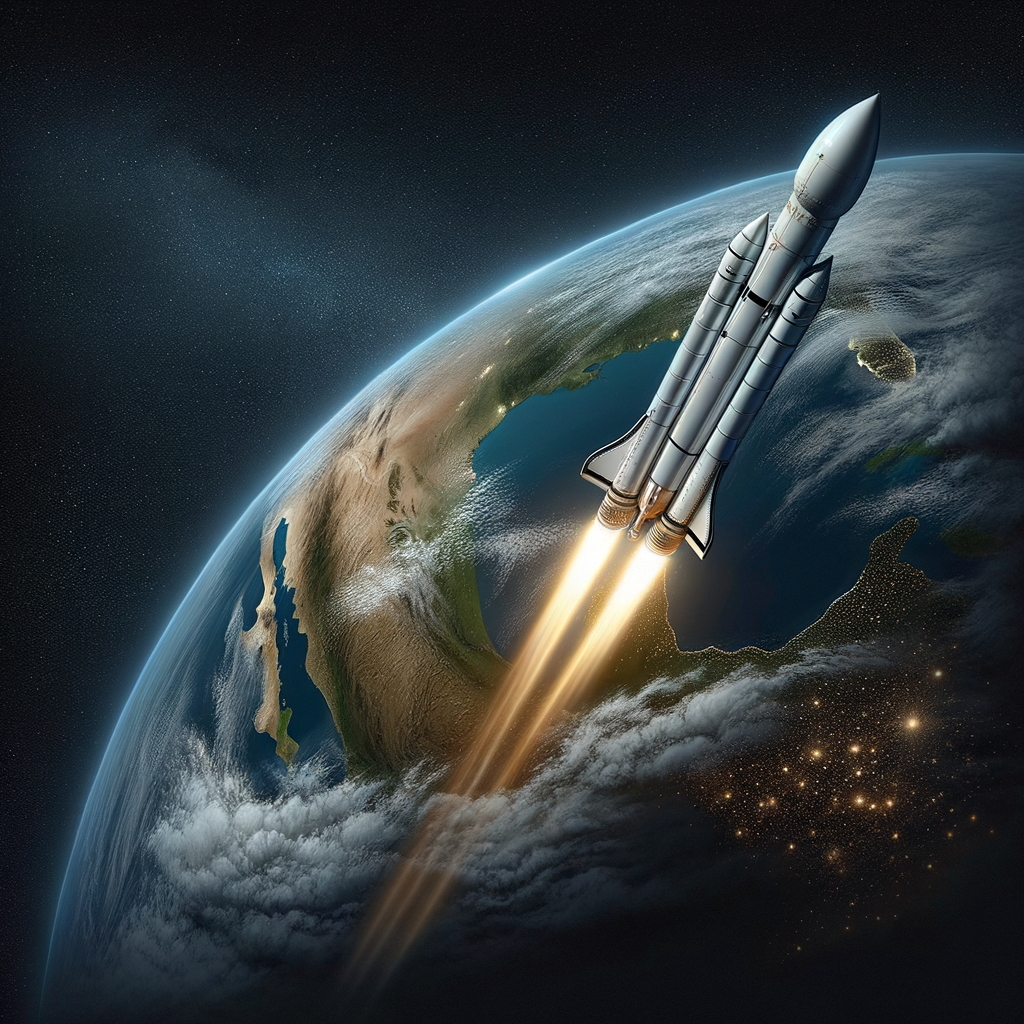 地球から宇宙へと飛び立っていくロケットのイラスト。地球はアメリカ大陸と思わしき一部分のみが写っています。