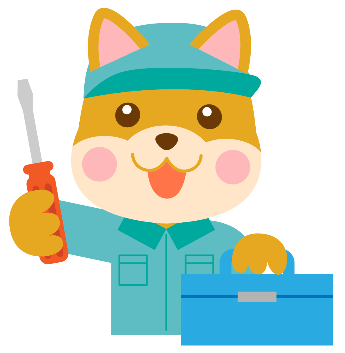 整備士の服を着込んで、ドライバーと工具箱を持った柴犬のイラスト
