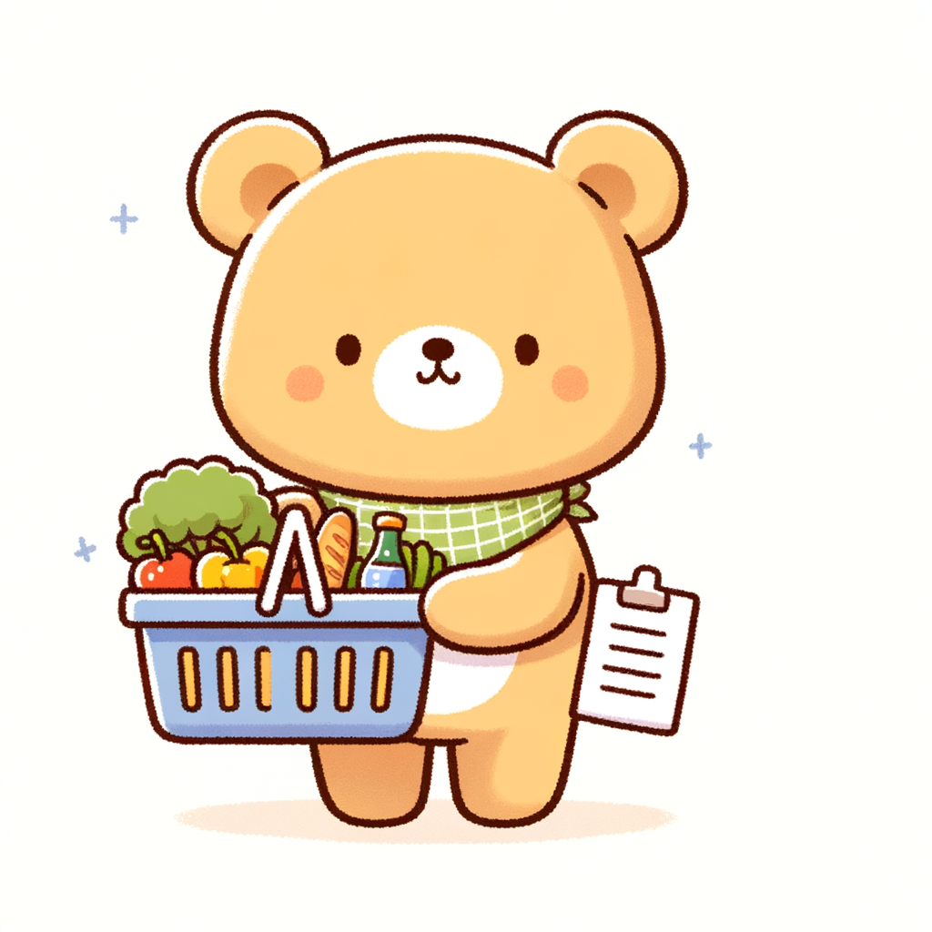 楽しそうに商品が詰まった買い物かごを持ち上げているテディベアのイラスト。