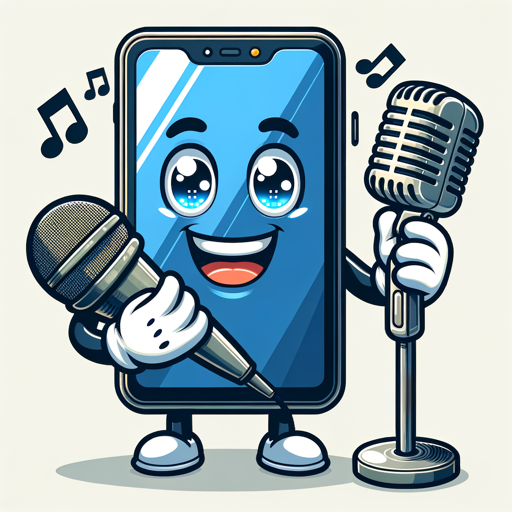 笑顔で両手にマイクを持っている、スマートホンを模したキャラクターのイラスト。