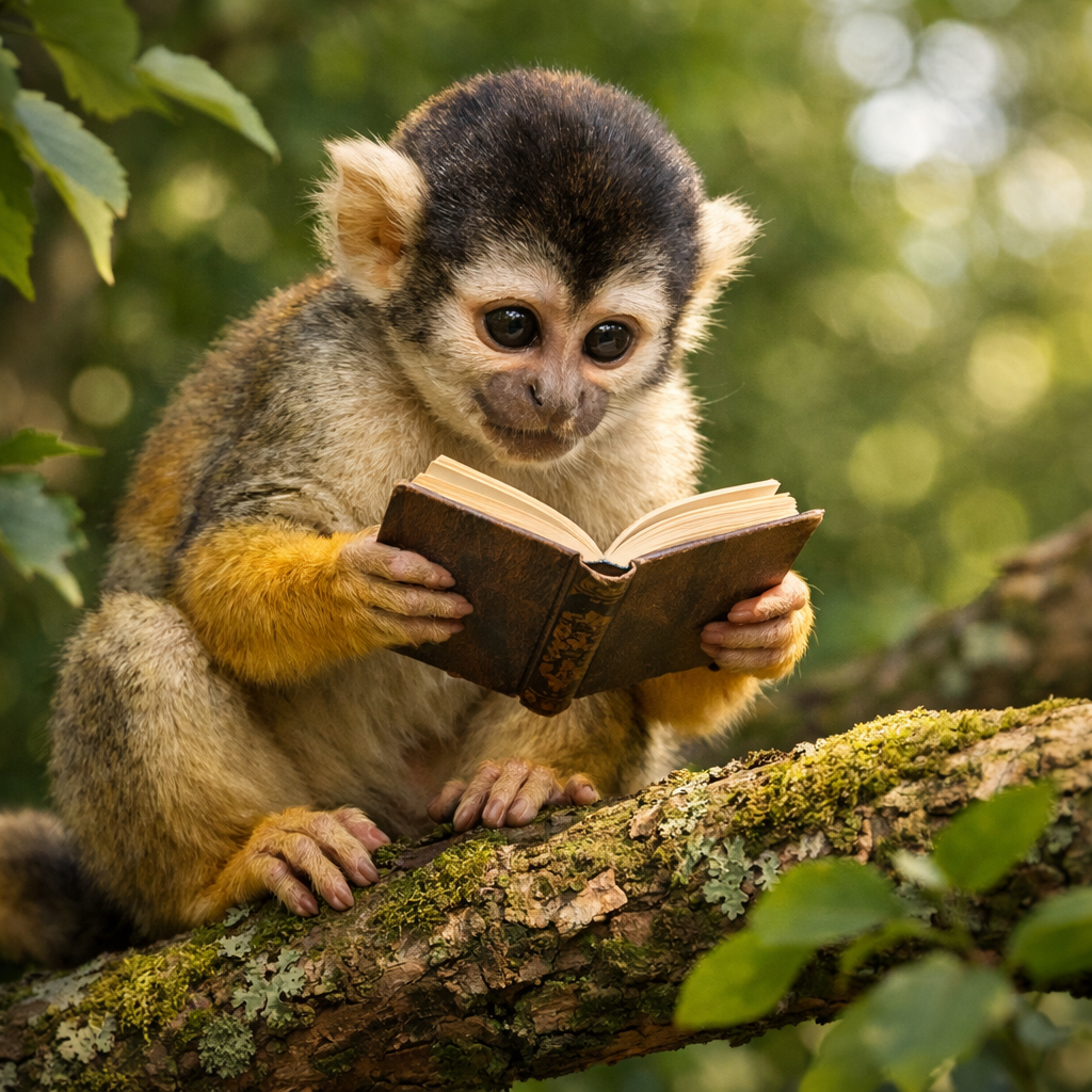 木の上で古びた茶色い表紙の本を興味深そうに読んでいるリスざるのリアルなイラスト。リスざるは苔むした枝に座り、両手で本を開いています。
