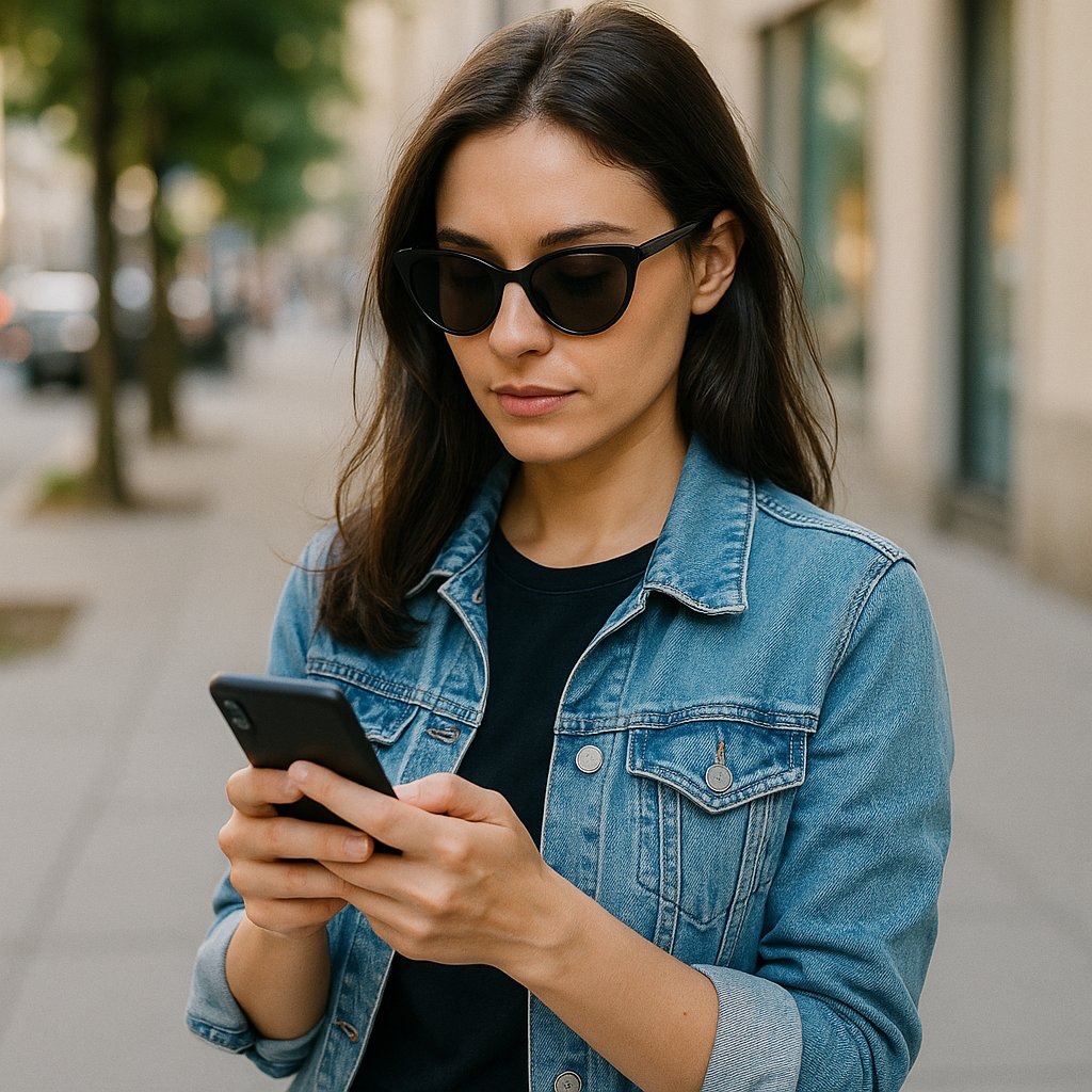 黒いTシャツとデニムジャケットを着た黒髪の女性が、サングラスをかけスマートホンを操作しているイラスト。
