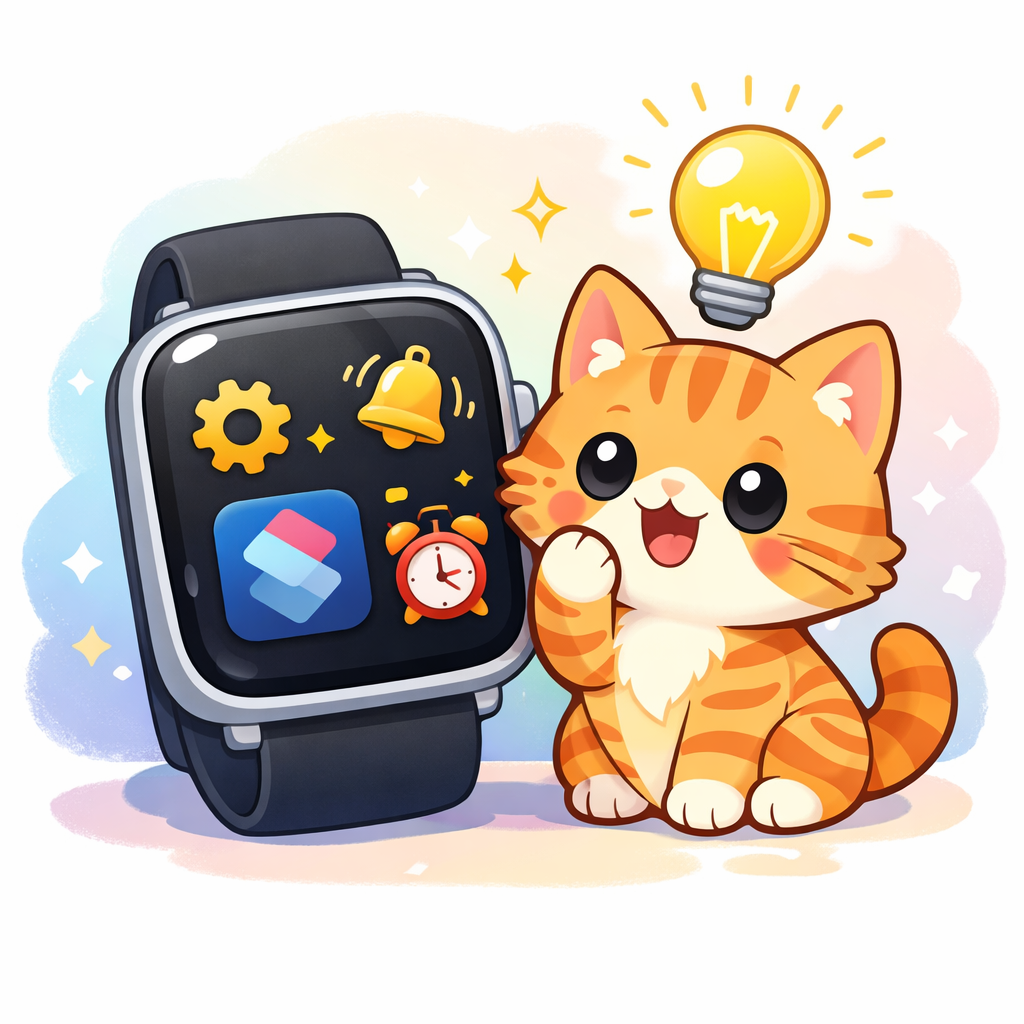 歯車・アラームなど複数のアイコンが表示されたスマートウォッチの隣に座り、何かをひらめいたかのように電球を浮かべている茶トラ猫のイラスト。