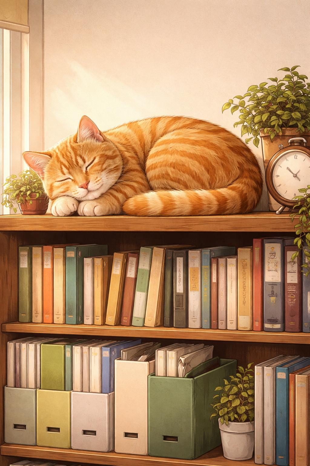 本が詰まった本棚の上で丸まって寝ている茶トラ猫のイラスト