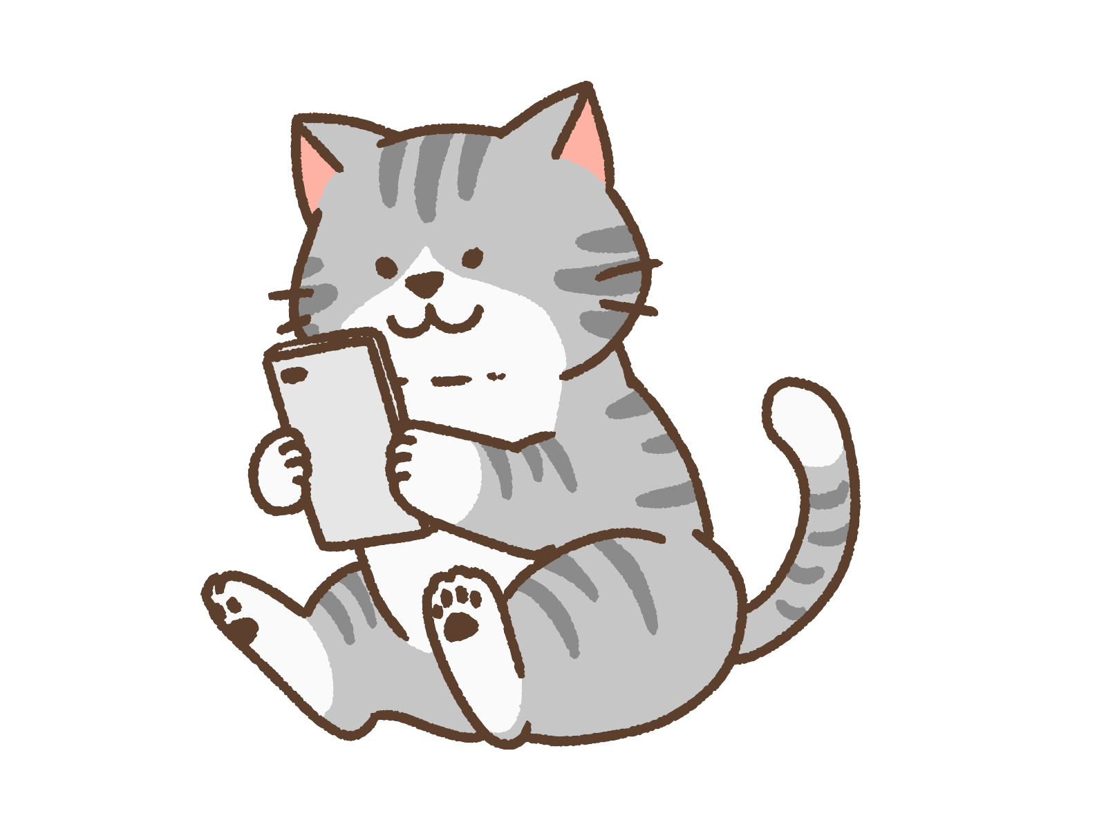 スマホのカメラで何かを撮影しようとしているトラ猫のイラスト