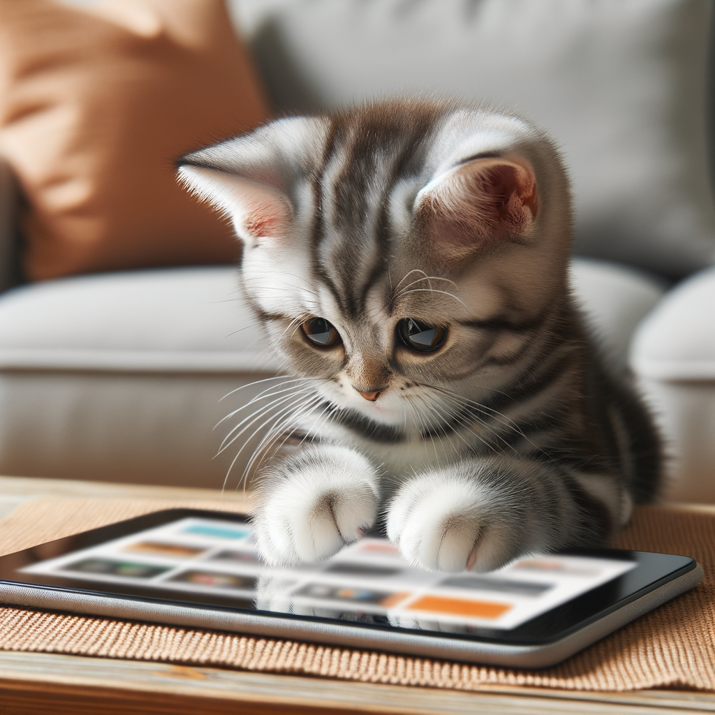 目の前に置かれたタブレットに両前足を乗せて興味津々のトラ猫のリアルなイラスト。