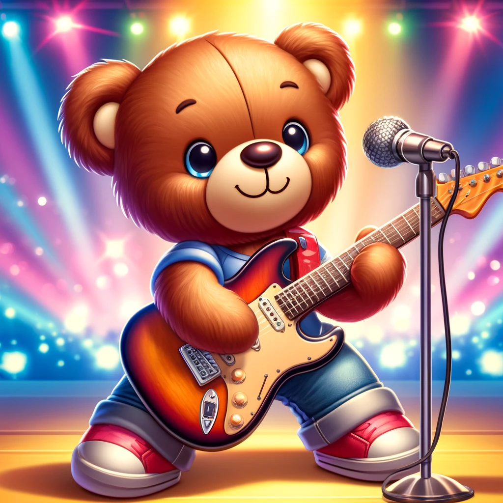 ステージ上でマイクスタンドの前に立ち、エレキギターを持っているテディベアのイラスト。