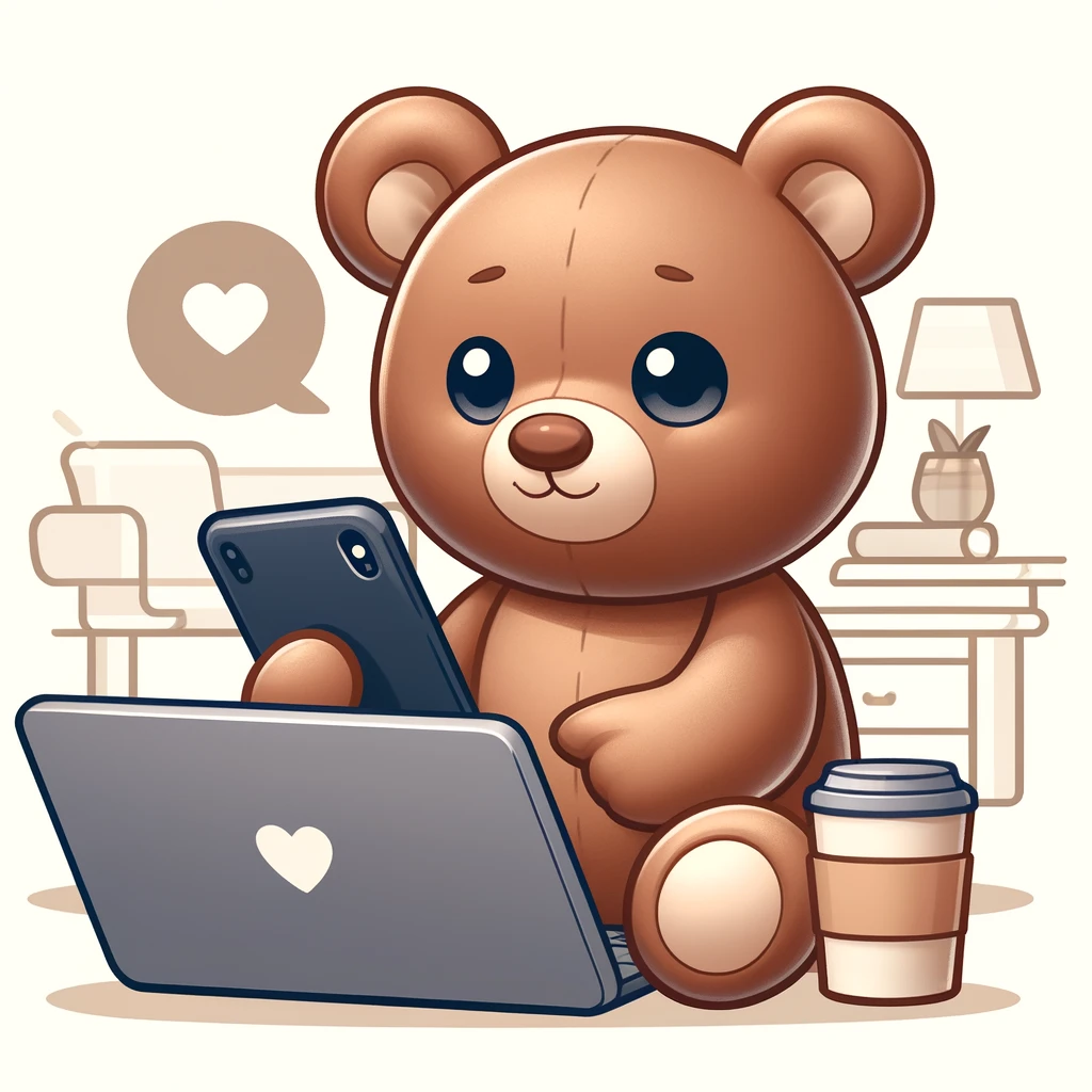 右手でスマホ、左手でノートパソコンを同時に操作している茶色いテディベアのイラスト。