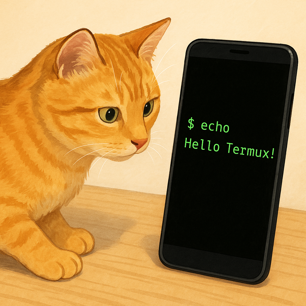 黒いスマートホンの画面を興味深そうに覗き込んでいるトラ猫のイラスト。スマホの画面には緑色の文字で「Hello Termux!」と表示されています。