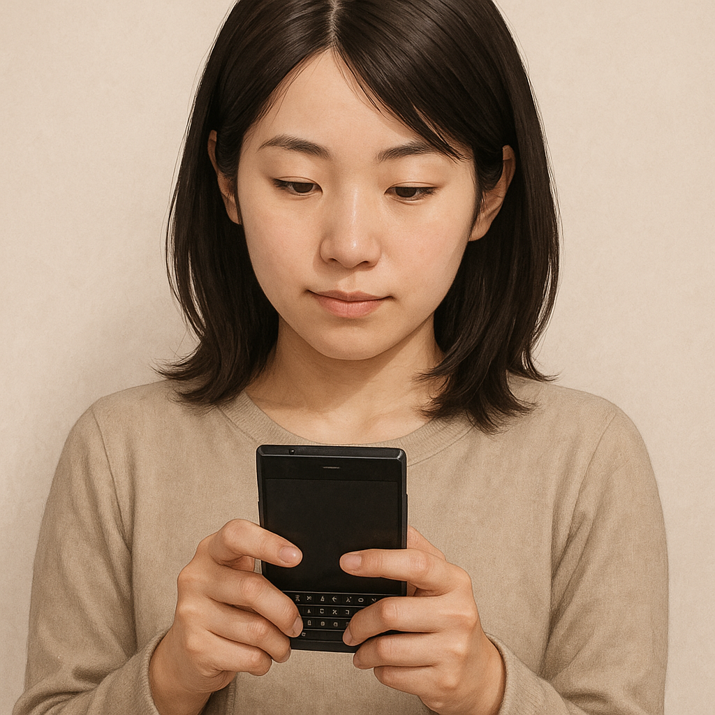 黒髪ボブカットの女性が物理キーボード付きのスマートホンを操作している様子を描いたイラスト。