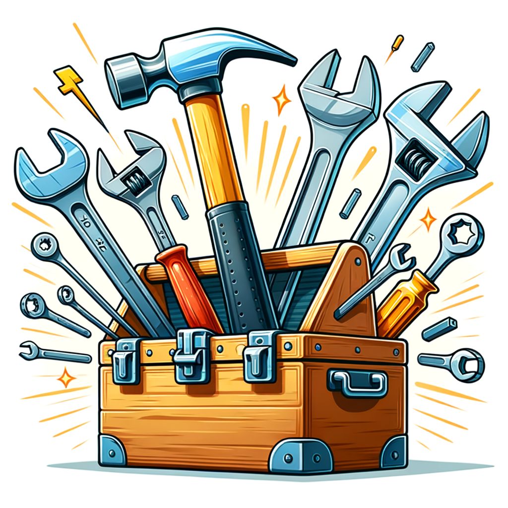 工具箱からハンマーやスパナ、レンチなど様々な道具が飛び出ているイラスト。