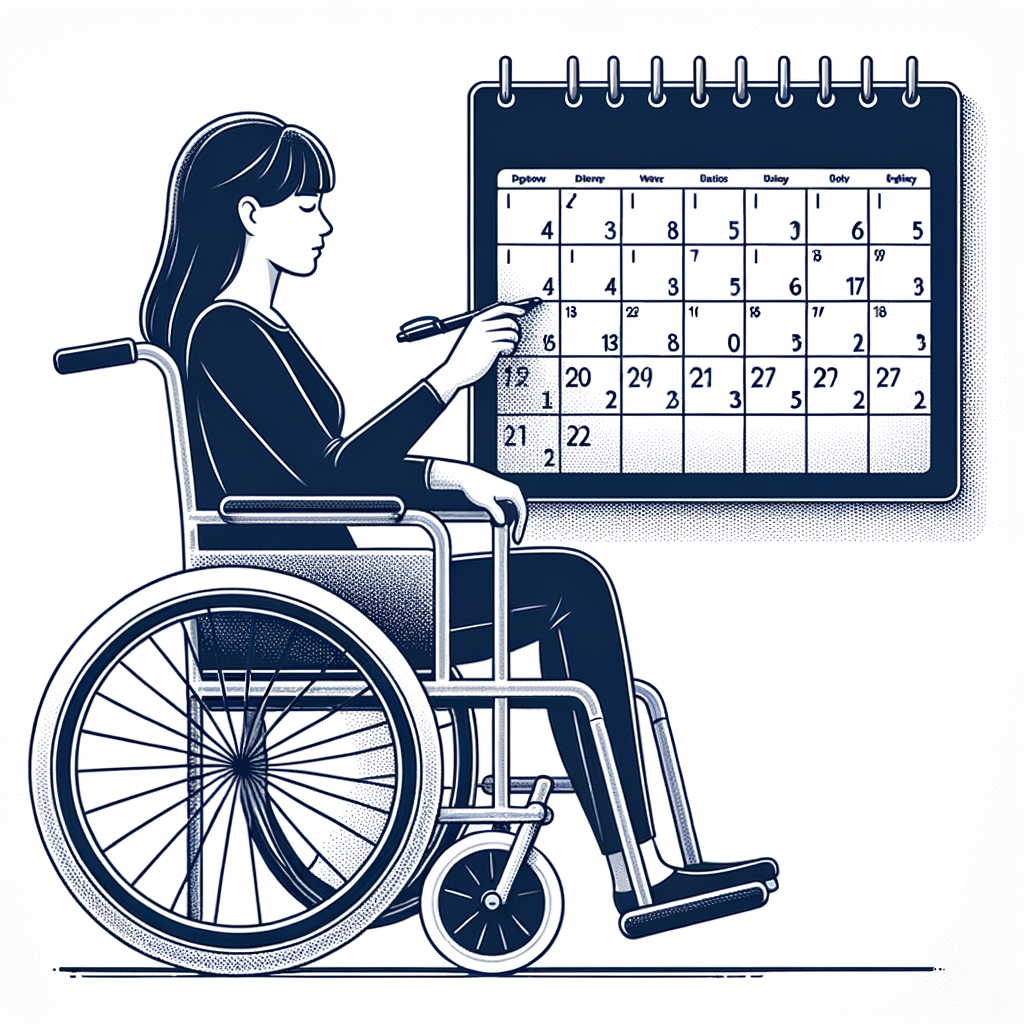 車椅子に座って壁にかけられたカレンダーに予定を書き込もうとしている女性のモノクロイラスト。
